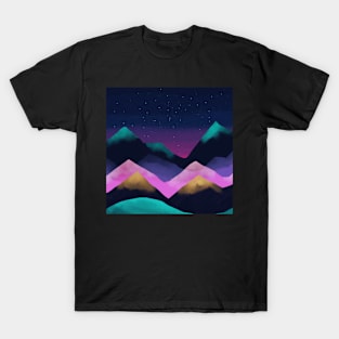 Blue, Teal, Pink & Gold Watercolour Style Mountain Scene at Sunset T-Shirt